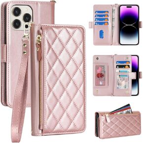 متوافق مع حافظة هاتف iPhone 13/14، غطاء قلاب لهاتف Apple 14 Rosegold PU Leather، معين للنساء والرجال، جيب بسحاب، مسند، حزام معصم، حامل بطاقات، 6.1 بوصة in Kuwait