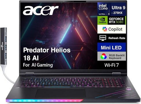 acer Predator Helios 18 AI Gaming Laptop 18" 250Hz 1000 nits Mini-LED WQXGA (Intel Ultra 9-275HX, GeForce RTX 5080 16GB, 128GB DDR5, 2TB SSD, 2 Thunderbolt 5, Win 11 Pro) w/DKZ USB Port Expander in Saudi Arabia