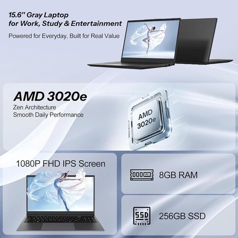 كمبيوتر محمول 15.6 بوصة، ذاكرة الوصول العشوائي 8 جيجابايت، 256 جيجابايت SSD، كمبيوتر محمول للطلاب والأعمال، معالج AMD 3020e، شاشة FHD مضادة للتوهج، عمر بطارية طويل، كاميرا ويب، WiFi5 in Kuwait
