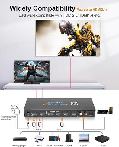 avedio links HDMI Switch 4K @ 120 هرتز، HDMI2.1 Switch 3 في 1 خارج مع جهاز تحكم عن بعد، 8K @ 60 هرتز HDMI Switch Selector Box، دعم 48 جيجابت في الثانية، HDCP 2.3، HDR 10+، 1080P @ 240 هرتز لأجهزة Xbox PS5 Roku in Saudi Arabia