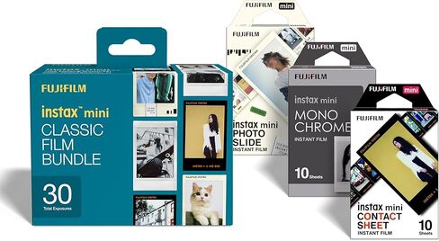 حزمة أفلام Instax Classic Mini، 30 لقطة مع 1 × 10 لقطات من شرائح الصور وحواف تصميم ورقة الاتصال، بالإضافة إلى 1 × 10 لقطات أحادية اللون in Kuwait