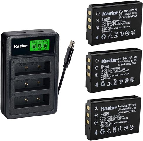 بطارية Kastar قطعة واحدة مع شاحن LZD3 USB ثلاثي متوافق مع أجهزة الكاميرا Minolta NP-120 Zoom BT-03 Sonocaddie US-S، MN35Z MN4K40NV MN80NV MN90NV Q8 Q8N V300 in Kuwait