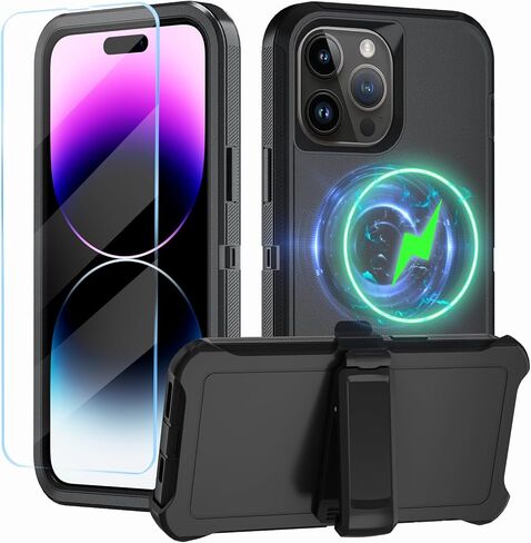 Magnetic for iPhone 14 Pro Case,with Belt Clip,[Compatible with Magsafe] W/Tempered Glass Screen Protector,Anti-Drop,Shockproof,Heavy Duty Protection (Dark Blue) in Kuwait