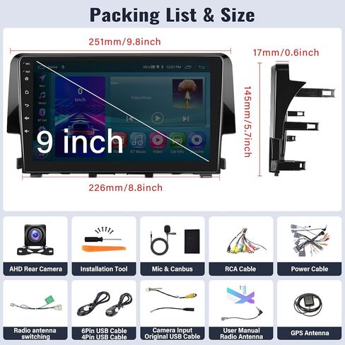ستيريو سيارة Android 15 لسيارة Honda Civic 2016-2021 مع Carplay لاسلكي Android Auto Support OEM كاميرا احتياطية التحكم في عجلة القيادة 9 بوصة تعمل باللمس GPS Navigation WiFi Bluetooth FM HiFi in Kuwait