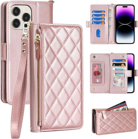 Compatible with iPhone 13/14 Phone Case Wallet flip Cover for Apple 14 Rosegold PU Leather, Rhombus for Women Men, Zipper Pocket, Kickstand, Wrist Strap, Card Holder, 6.1" in Kuwait