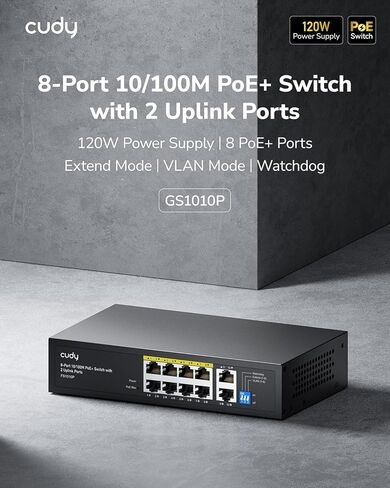 Cudy GS1010P محول PoE غير مُدار بـ 10 منافذ جيجابت إيثرنت، مع 8 × PoE+ @ 120 وات، سطح المكتب/الحامل، وضع CCTV / VLAN، 802.3af/ 802.3at، التوصيل والتشغيل in Kuwait