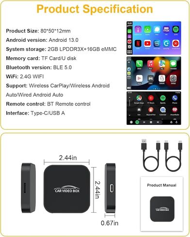 5-in-1 Wireless CarPlay Adapter with Netflix/YouTube/TF, Android Auto & Carplay Adapter with USB-A and USB-C Cables,Convert Wired to Wireless Apple Dongle, Magic Video Ai Box Car Play for iOS 10+ in Kuwait