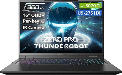 كمبيوتر محمول للألعاب Thunderobot Zero 16 Pro، GeForce RTX 5070 Ti، Core Ultra 9 275HX، شاشة 16 بوصة QHD + 360 هرتز، 32 جيجابايت DDR5، 1 تيرابايت SSD، لكل مفتاح RGB، كاميرا FHD IR، Wi-Fi 6E، Win 11 Home in Kuwait