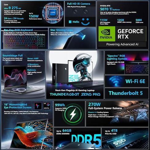 كمبيوتر محمول للألعاب Thunderobot Zero 16 Pro، GeForce RTX 5070 Ti، Core Ultra 9 275HX، شاشة 16 بوصة QHD + 360 هرتز، 32 جيجابايت DDR5، 1 تيرابايت SSD، لكل مفتاح RGB، كاميرا FHD IR، Wi-Fi 6E، Win 11 Home in Kuwait