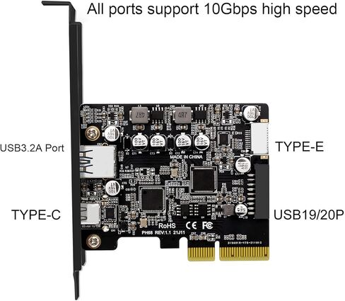 بطاقة Cryfokt PCIE USB3.2، 10 جيجابت في الثانية من النوع C، النوع الأمامي E، 19/20PIN، مجموعة شرائح ASM3142+822، دبوس PCI E X4 مطلي بالذهب، مصدر طاقة عالي، لوحة دوائر مطبوعة، محول بطاقة PCI Express لـ in Kuwait