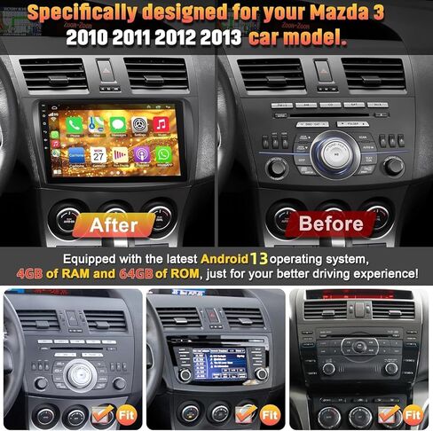 Android 13 4G+64G راديو السيارة ستيريو لمازدا 3 2010 2011 2012 2013، Carplay اللاسلكي وAndroid Auto مع دعم بلوتوث/التحكم الصوتي/GPS/WiFi/كاميرا احتياطية/SWC/FM، شاشة لمس IPS 9 بوصة in Kuwait