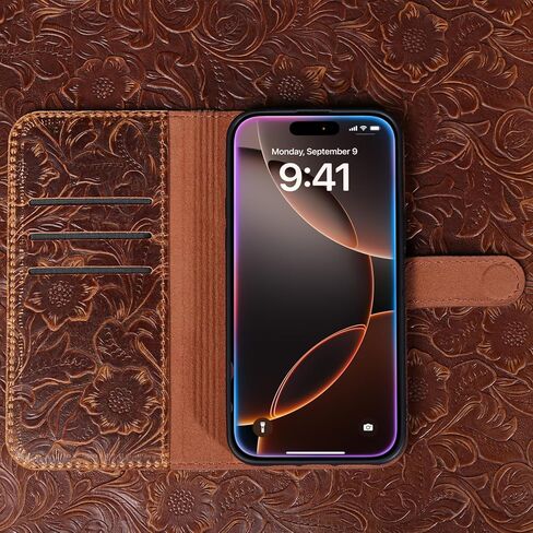 حافظة جلدية متوافقة مع محفظة iPhone 16 مقاس 6.1 بوصة، جلد طبيعي مقاوم للصدمات، غطاء قابل للطي لحماية كاملة من الطوق مع مسند لفتحة البطاقة، بني داكن in Kuwait