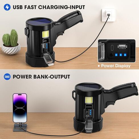 مصباح كشاف LED قابل لإعادة الشحن من Kmivo، 2,000,000 لومن عالي الإضاءة، شحن USB بالطاقة الشمسية مع قطعة خبز للتخييم والمشي لمسافات طويلة وركوب القوارب in Kuwait