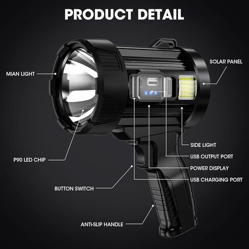 مصباح كشاف LED قابل لإعادة الشحن من Kmivo، 2,000,000 لومن عالي الإضاءة، شحن USB بالطاقة الشمسية مع قطعة خبز للتخييم والمشي لمسافات طويلة وركوب القوارب in Kuwait