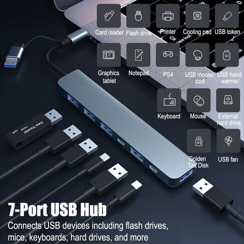 موزع USB 3.0، محور USB مع محول USB C متعدد المنافذ، مقسم USB مع 1xUSB 3.0، 4xUSB2.0، 2 x USB C، محور USB-c لأجهزة M-ac-Book P-ro/PC/الكمبيوتر المحمول/الكمبيوتر اللوحي (رمادي 6 بوصة) in Kuwait