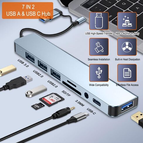 موزع USB 3.0، محور USB مع محول USB C متعدد المنافذ، مقسم USB مع 1xUSB 3.0، 4xUSB2.0، 2 x USB C، محور USB-c لأجهزة M-ac-Book P-ro/PC/الكمبيوتر المحمول/الكمبيوتر اللوحي (رمادي 6 بوصة) in Kuwait