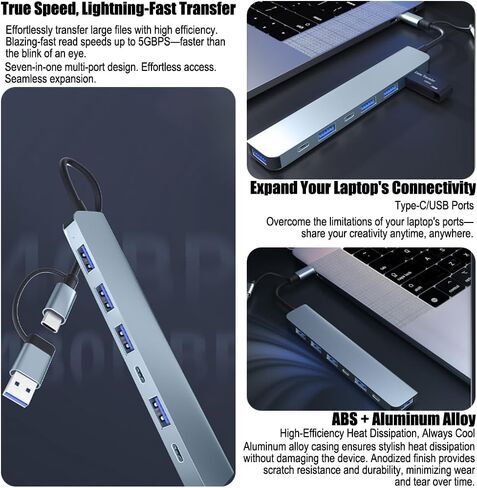 موزع USB 3.0، محور USB مع محول USB C متعدد المنافذ، مقسم USB مع 1xUSB 3.0، 4xUSB2.0، 2 x USB C، محور USB-c لأجهزة M-ac-Book P-ro/PC/الكمبيوتر المحمول/الكمبيوتر اللوحي (رمادي 6 بوصة) in Kuwait