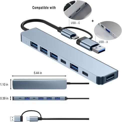 موزع USB 3.0، محور USB مع محول USB C متعدد المنافذ، مقسم USB مع 1xUSB 3.0، 4xUSB2.0، 2 x USB C، محور USB-c لأجهزة M-ac-Book P-ro/PC/الكمبيوتر المحمول/الكمبيوتر اللوحي (رمادي 6 بوصة) in Kuwait
