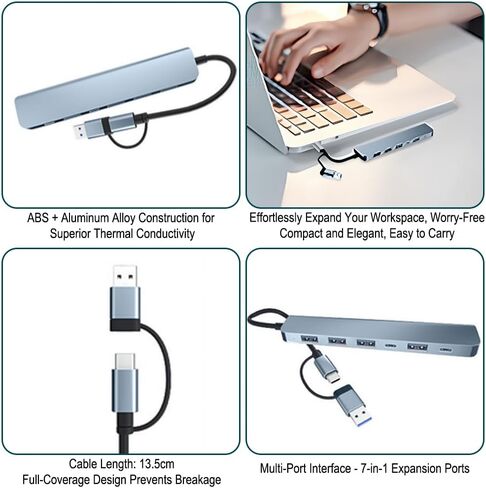 موزع USB 3.0، محور USB مع محول USB C متعدد المنافذ، مقسم USB مع 1xUSB 3.0، 4xUSB2.0، 2 x USB C، محور USB-c لأجهزة M-ac-Book P-ro/PC/الكمبيوتر المحمول/الكمبيوتر اللوحي (رمادي 6 بوصة) in Kuwait