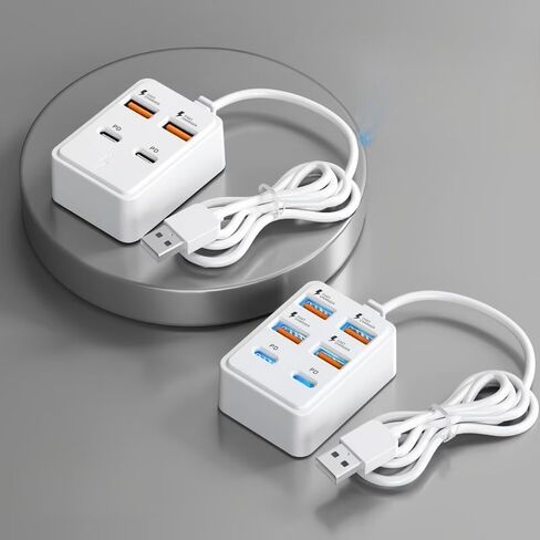 6-Port high-Speed USB Charging, 4 USBs, 2pd, Compact Design, high-Speed Charging, Multi Device Fast Charging Center, Compatible with Most Devices (White) in Kuwait