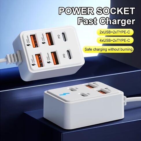 6-Port high-Speed USB Charging, 4 USBs, 2pd, Compact Design, high-Speed Charging, Multi Device Fast Charging Center, Compatible with Most Devices (White) in Kuwait