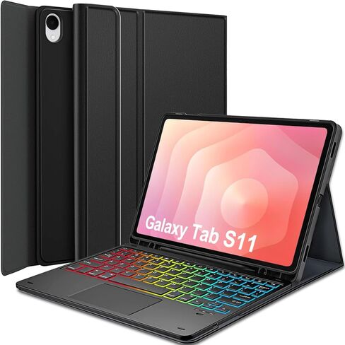 Touchpad Keyboard Case for Samsung Galaxy Tab S11 2025 11 Inch 5G SM-X736B/ WIFI SM-X730, 7 Color Rainbow Backlight Detachable Bluetooth Trackpad Keyboard Folio Cover with S Pen Holder (Black) in Kuwait