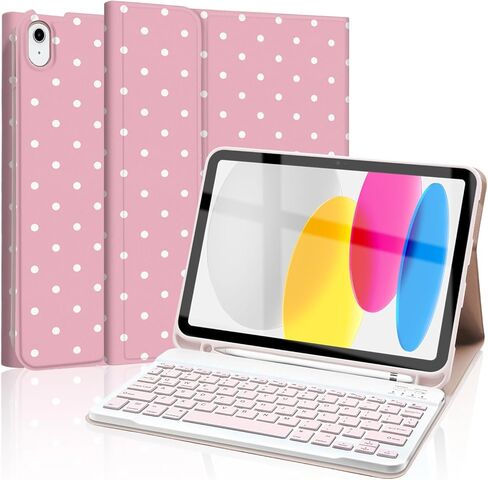 حافظة لوحة مفاتيح لجهاز iPad الجيل 11th 10th مع حامل قلم رصاص، غطاء لوحة مفاتيح لاسلكية لجهاز 11th A16 مقاس 11 بوصة 2025، الجيل العاشر 10.9 بوصة 2022، وردي-أبيض منقط in Kuwait