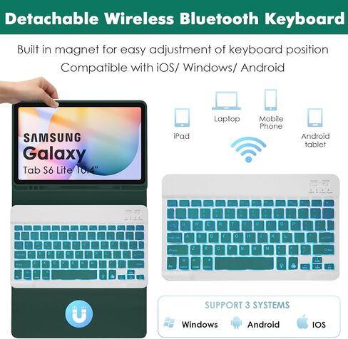 حافظة لوحة المفاتيح بإضاءة خلفية SOPPY لجهاز Samsung Galaxy Tab S6 Lite 10.4 بوصة 2024/2022/2020(SM-P620/P624/P610/P613/P615/P619)، قابلة لإعادة الشحن وقابلة للفصل لاسلكية S6 Lite، حافظة لوحة مفاتيح نحيفة، أخضر داكن in Kuwait