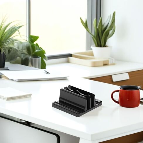 Vertical Laptop Stand Adjustable Dual Desktop Holder for Laptops Books and Magazines Space Saving Desk Organizer with Stable Base and Sleek Black Finish 6.29X5.90X2.36In in Kuwait
