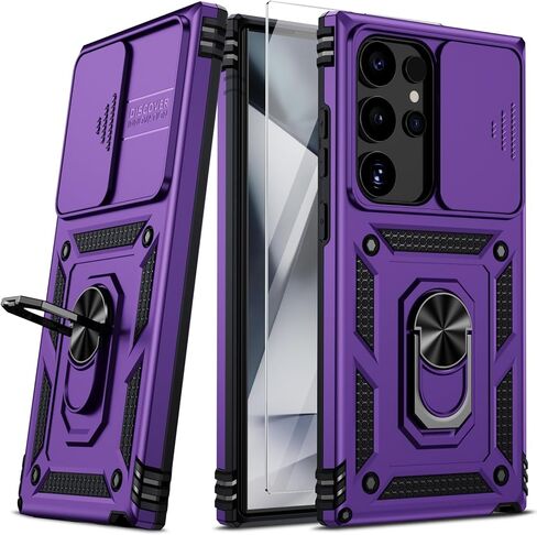 حافظة Vinve لهاتف Samsung Galaxy S24 Ultra، غطاء عدسة منزلق، واقي شاشة عالي الدقة، حماية من السقوط من الدرجة العسكرية، حافظة هاتف واقية بحامل حلقي دوار مغناطيسي (أزرق داكن) in Kuwait