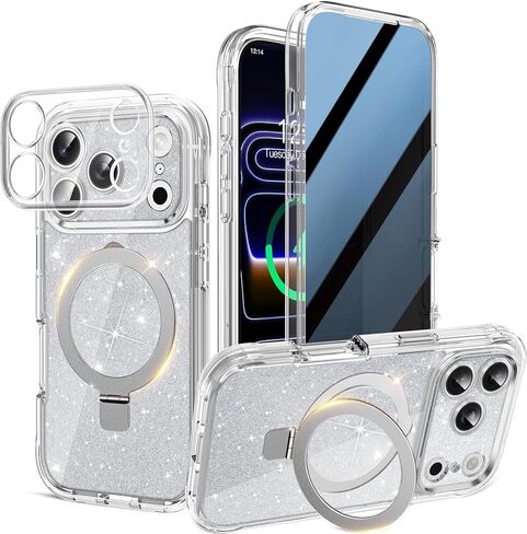 Magnetic Privacy Case for iPhone 17 Pro Max [DIY Glitter Cardstock] [Invisible Magnetic Kickstand] Built-in Anti Peep Screen Protector, Camera Protection Full Body Glitter Case for Women - Orange in Saudi Arabia