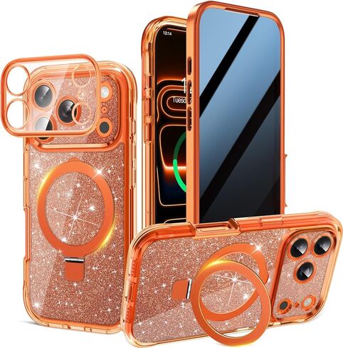 Magnetic Privacy Case for iPhone 17 Pro Max [DIY Glitter Cardstock] [Invisible Magnetic Kickstand] Built-in Anti Peep Screen Protector, Camera Protection Full Body Glitter Case for Women - Orange in Saudi Arabia