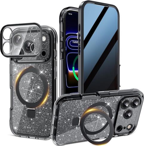 Magnetic Privacy Case for iPhone 17 Pro Max [DIY Glitter Cardstock] [Invisible Magnetic Kickstand] Built-in Anti Peep Screen Protector, Camera Protection Full Body Glitter Case for Women - Orange in Saudi Arabia