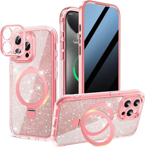 Magnetic Privacy Case for iPhone 17 Pro Max [DIY Glitter Cardstock] [Invisible Magnetic Kickstand] Built-in Anti Peep Screen Protector, Camera Protection Full Body Glitter Case for Women - Orange in Saudi Arabia