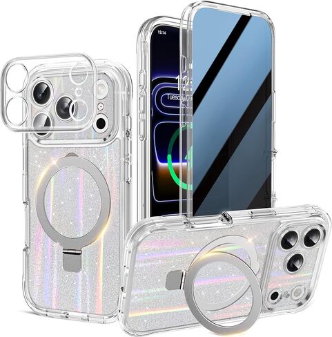 Magnetic Privacy Case for iPhone 17 Pro Max [DIY Glitter Cardstock] [Invisible Magnetic Kickstand] Built-in Anti Peep Screen Protector, Camera Protection Full Body Glitter Case for Women - Orange in Saudi Arabia