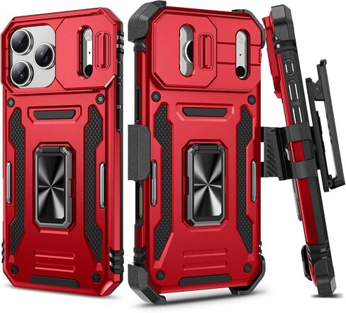 for iPhone-17-Pro-Max Case, with Belt Clip Holster & Slide Camera Cover & 360°Rotatable Ring Kickstand Military Grade Heavy Duty Protection Shockproof Case for iPhone 17 ProMax 2025 - Black in Kuwait