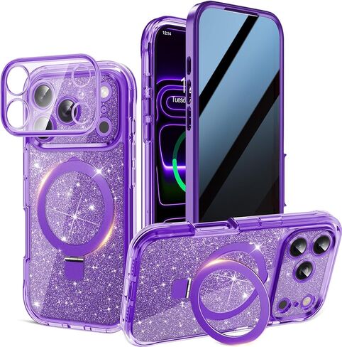 Magnetic Privacy Case for iPhone 17 Pro Max [DIY Glitter Cardstock] [Invisible Magnetic Kickstand] Built-in Anti Peep Screen Protector, Camera Protection Full Body Glitter Case for Women - Orange in Saudi Arabia