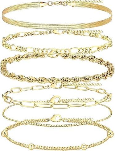 6Pcs Gold Silver Plated Woman Waterproof Anklet Layered Cuban Ankle Nude Bracelet Summer Fashion Anklet Set Beach Jewelry Gift in Saudi Arabia