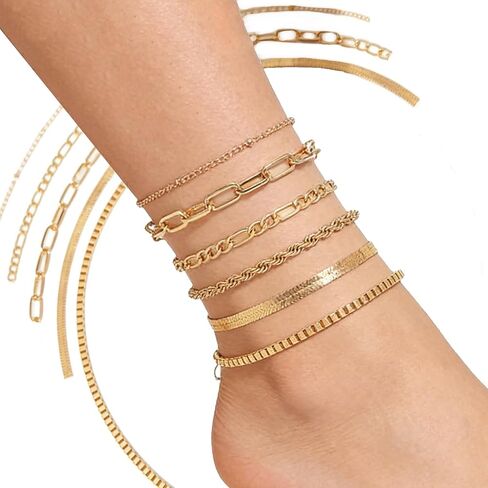 6Pcs Gold Silver Plated Woman Waterproof Anklet Layered Cuban Ankle Nude Bracelet Summer Fashion Anklet Set Beach Jewelry Gift in Saudi Arabia