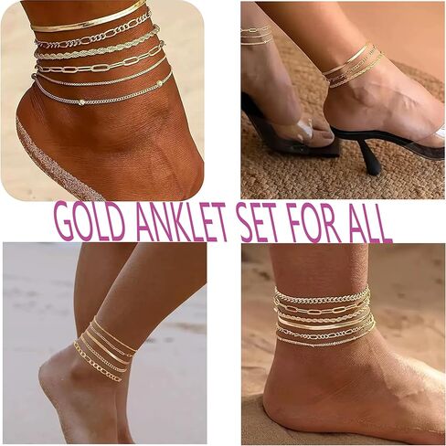 6Pcs Gold Silver Plated Woman Waterproof Anklet Layered Cuban Ankle Nude Bracelet Summer Fashion Anklet Set Beach Jewelry Gift in Saudi Arabia