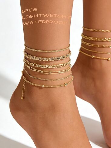 6Pcs Gold Silver Plated Woman Waterproof Anklet Layered Cuban Ankle Nude Bracelet Summer Fashion Anklet Set Beach Jewelry Gift in Saudi Arabia