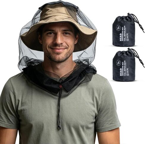 2 Pack Premium Mosquito Head Net for Insect, Fly & Bug Protection - Ultra Large & Long, Extra Fine Mesh for Camping, Hiking, Fishing, Gardening, Safari, Fits All Hats for Men & Women in Kuwait