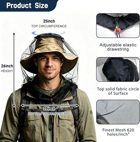 2 Pack Premium Mosquito Head Net for Insect, Fly & Bug Protection - Ultra Large & Long, Extra Fine Mesh for Camping, Hiking, Fishing, Gardening, Safari, Fits All Hats for Men & Women in Kuwait