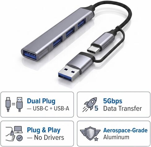 Syncpoint 4-Port USB C Hub with USB-A Adapter, 5Gbps Data Hub for Type C/USB-A Laptops, MacBook Pro/Air, PC and More in Kuwait