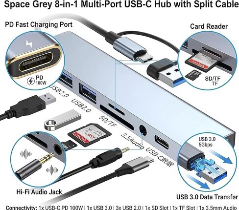 8-in-1 USB 3.0 Hub Dual Connector, Multiport USB Expansion Docking Station for Laptop, Type-C & USB Interface Splitter in Kuwait