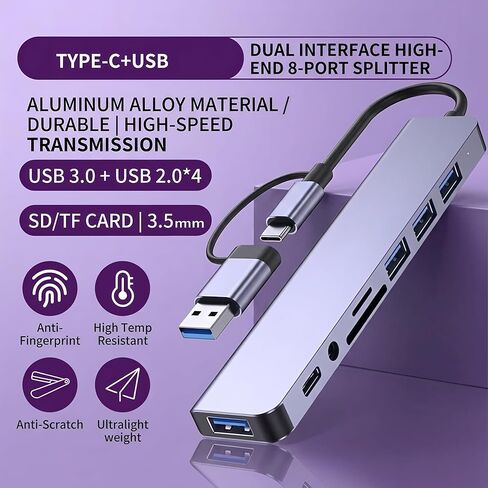 8-in-1 USB 3.0 Hub Dual Connector, Multiport USB Expansion Docking Station for Laptop, Type-C & USB Interface Splitter in Kuwait