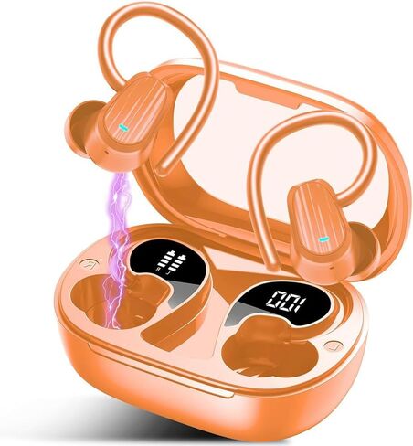 Wireless Earbuds, Headphones Sport Bluetooth 5.4, Over Ear Buds with ENC Noise Canceling Mic, Deep Bass Stereo Earphones with Hook, 50H Playback, LED Display Ear Buds for Workout Running, Deep Orange​ in Kuwait