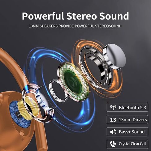 Wireless Earbuds, Headphones Sport Bluetooth 5.4, Over Ear Buds with ENC Noise Canceling Mic, Deep Bass Stereo Earphones with Hook, 50H Playback, LED Display Ear Buds for Workout Running, Deep Orange​ in Kuwait