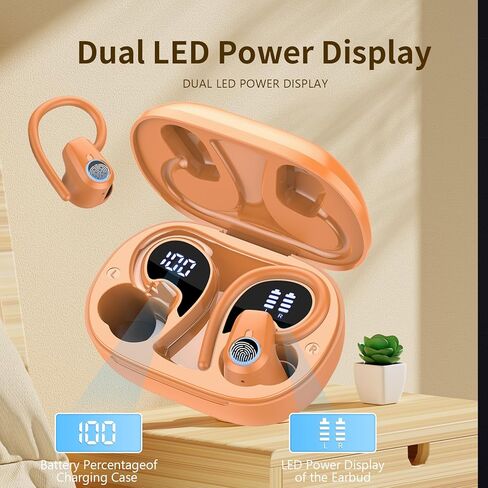 Wireless Earbuds, Headphones Sport Bluetooth 5.4, Over Ear Buds with ENC Noise Canceling Mic, Deep Bass Stereo Earphones with Hook, 50H Playback, LED Display Ear Buds for Workout Running, Deep Orange​ in Kuwait