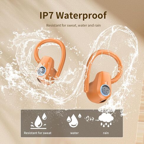 Wireless Earbuds, Headphones Sport Bluetooth 5.4, Over Ear Buds with ENC Noise Canceling Mic, Deep Bass Stereo Earphones with Hook, 50H Playback, LED Display Ear Buds for Workout Running, Deep Orange​ in Kuwait